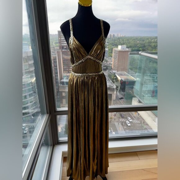 🆕 BRONX & BANCO 🧿 NWOT Star Metallic Maxi Dress w Dramatic Slits - Sz S US 4 - Picture 4 of 16